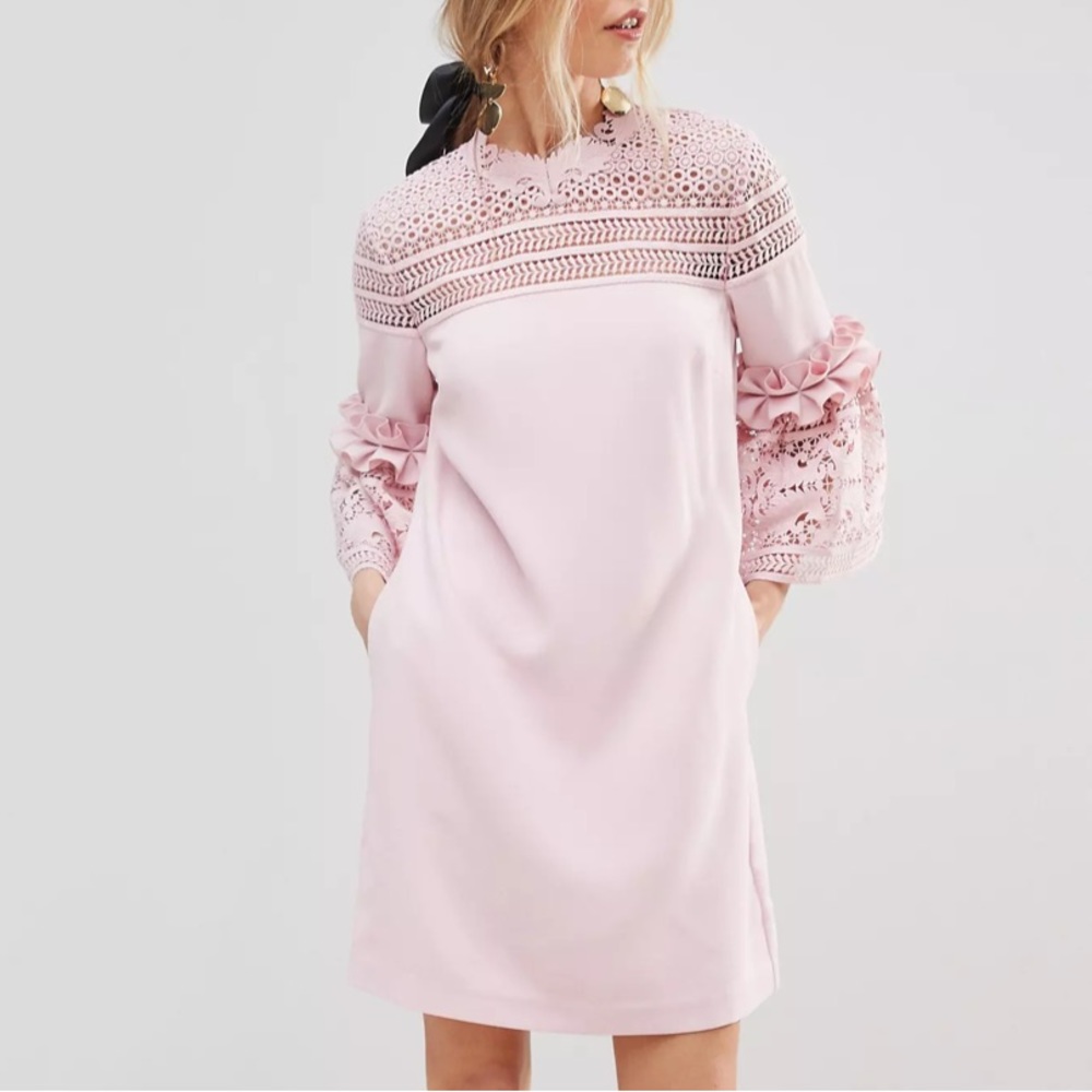 Ted Baker Lucila Shift Dress with Lace Panels Pale Pink